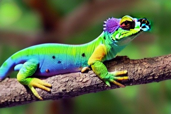 Karma chameleon, changing colors like a rainbow, sitting on ...
