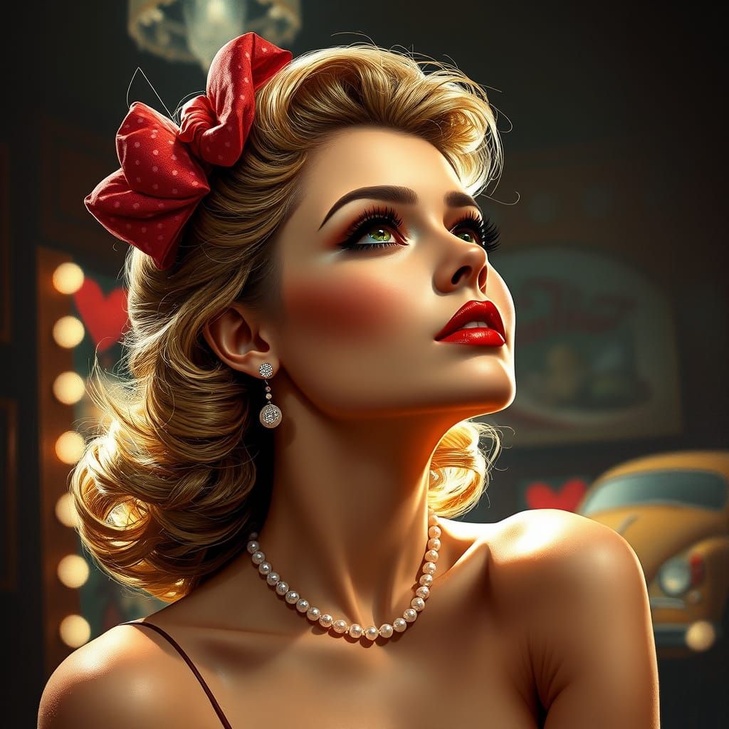 Sultry 1950s Pin Up Girl in Vibrant Oil Painting Style