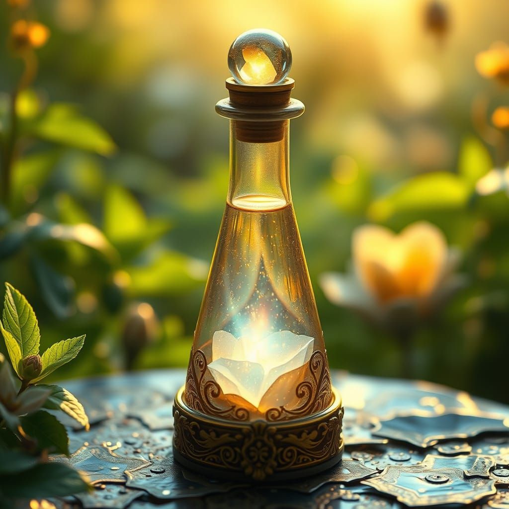 Ethereal Elixir in Ornate Vial with Vibrant Greenery
