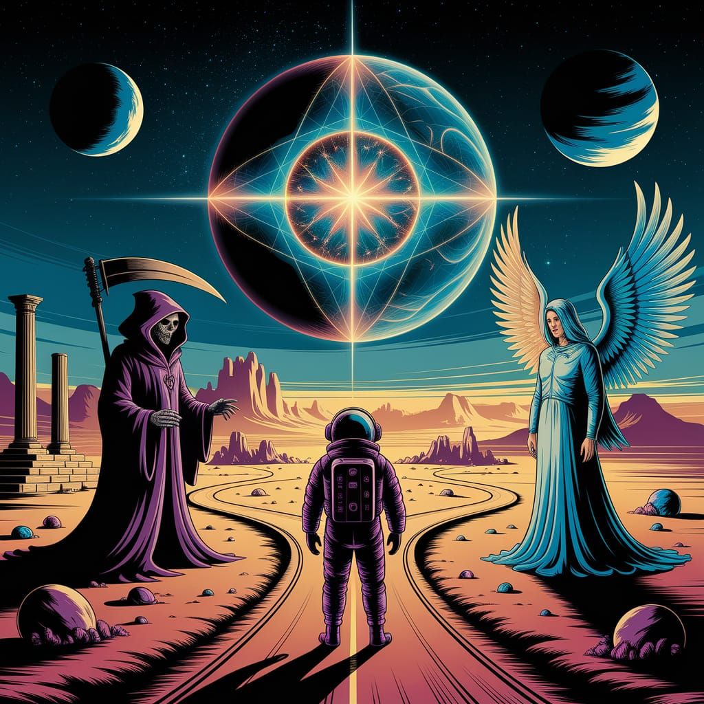 Astronaut's Choice on Alien Planet in Cosmic Art Style
