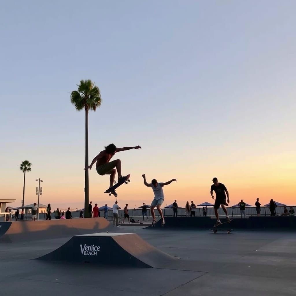 Venice Beach Sunset: Skateboarders in Action
