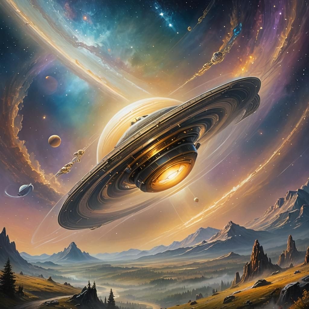 Spaceship Approaches Saturn in Ethereal Fantasy Art