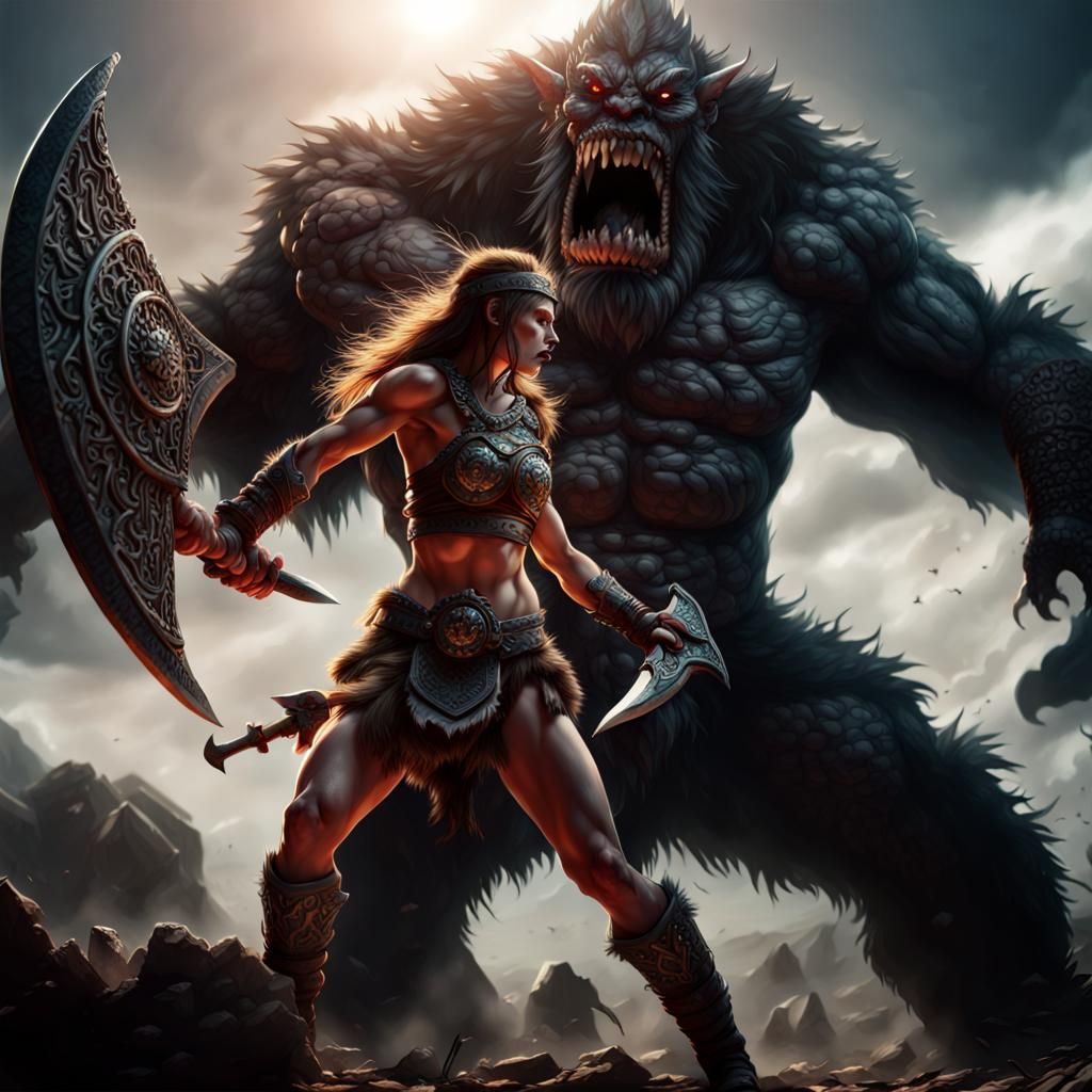 Barbarian Woman Battles Towering Monster in Epic Detail