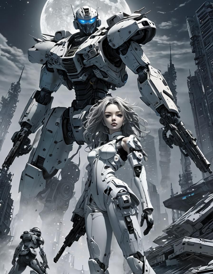 Girl and Mecha Robot in Manga Style