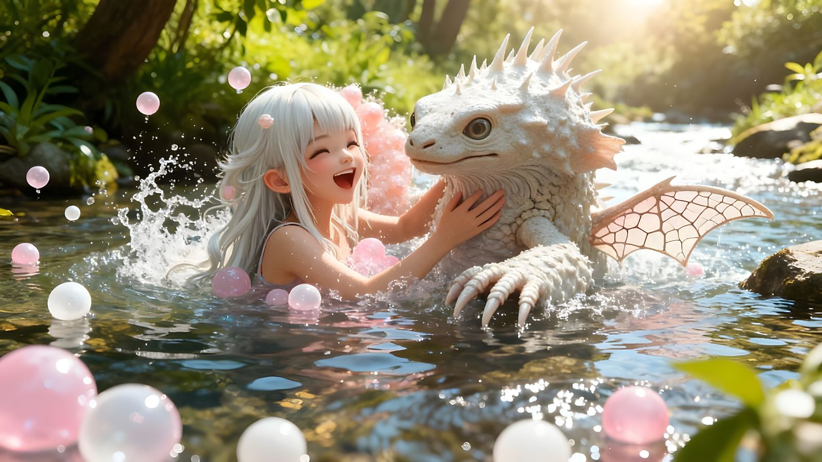 Girl and Giant Monster Bathing in Sunny Stream