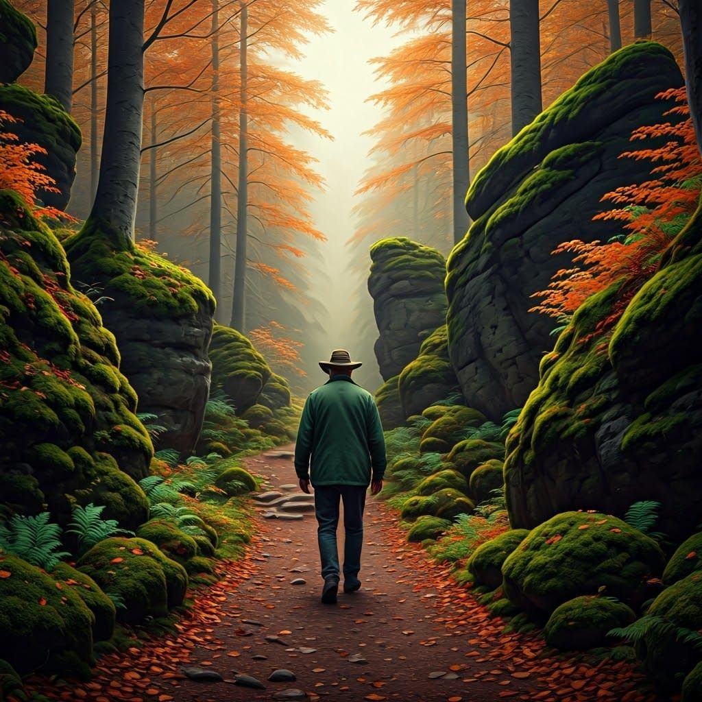 Italian Man Walks Through Autumn Forest