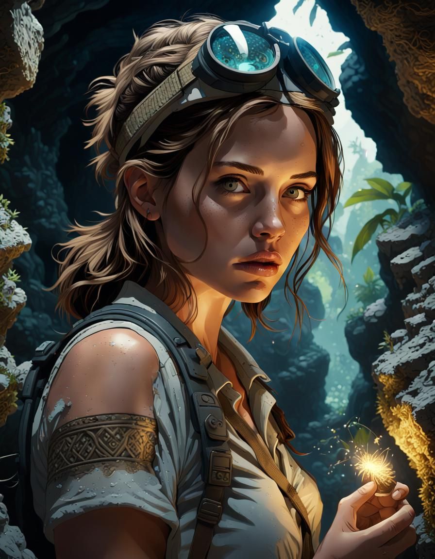 Archaeologist and she is discovering a ruined stone Mayan city that is in a dark cave...