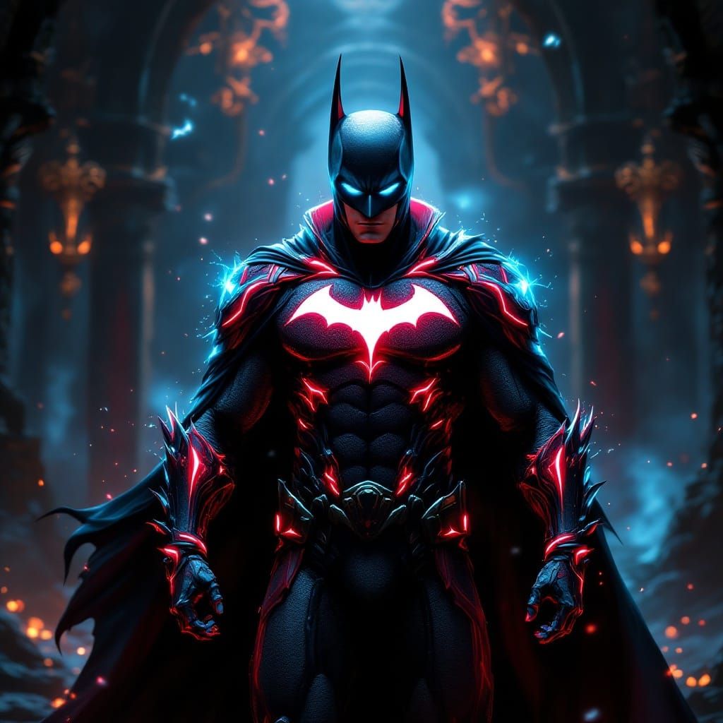 Ethereal Dark Knight in Red Armored Suit with Glowing Bat Em...