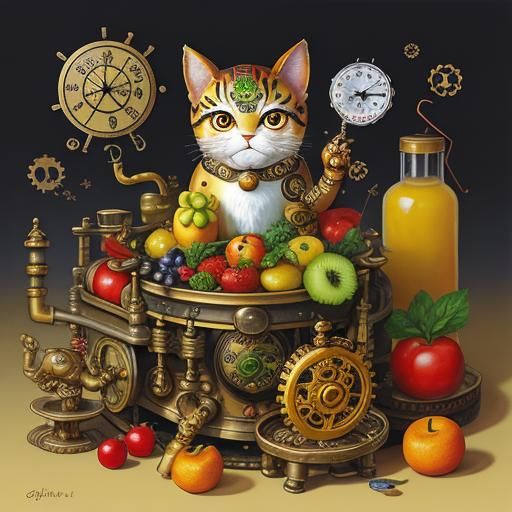 Maneki Neko Still Life with Steampunk Engine