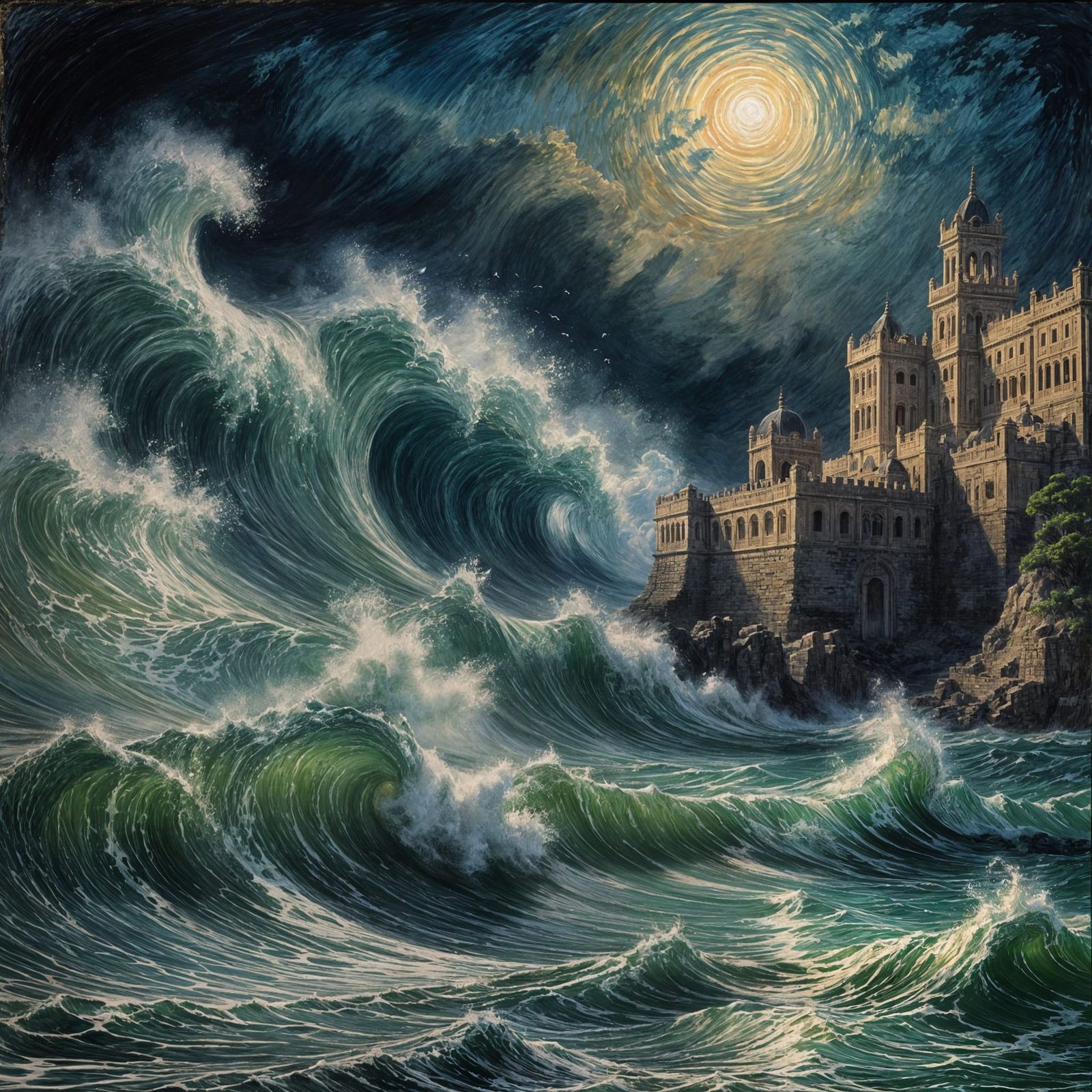 Tsunami Wave Crashes Ancient Palace, Impressionist Style