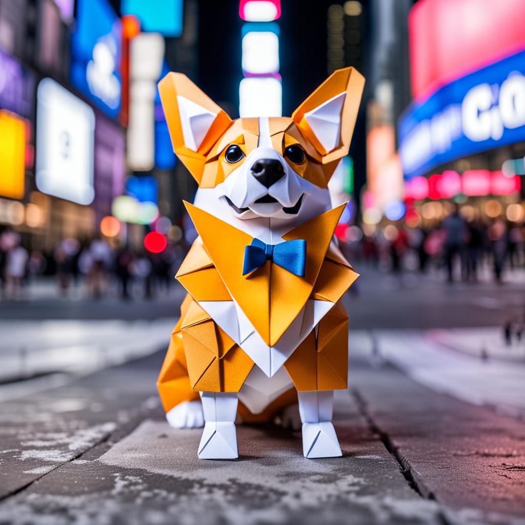 Corgi in Times Square as Origami Papercraft