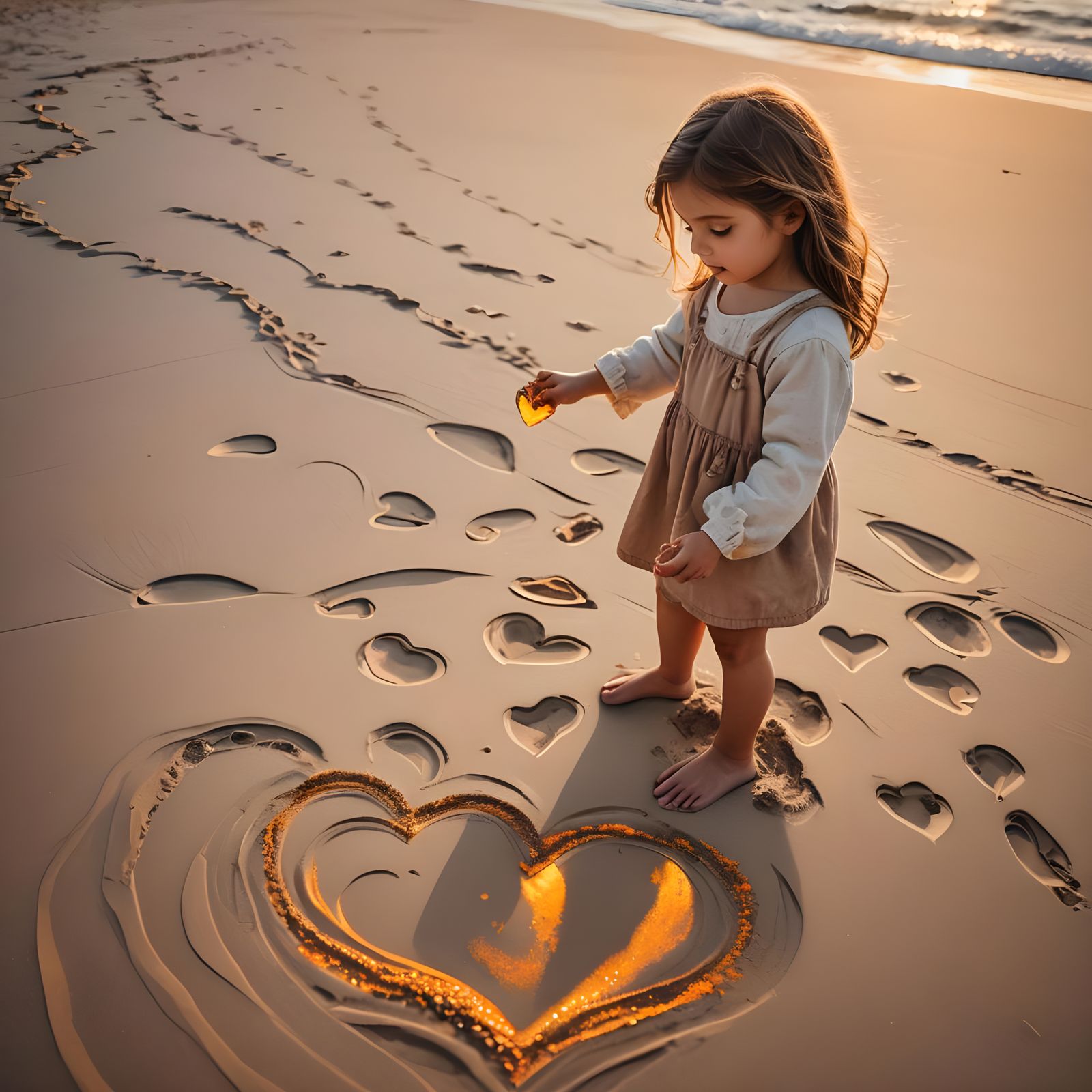 Sunset Beach: Girl Drawing Hearts in Sand