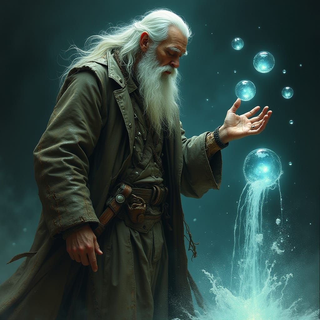 Mystical Elder Manipulates Glowing Water Orbs in Dark Fantas...