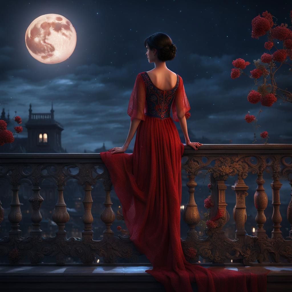Woman on Balcony Gazing at Moon: Fantasy Concept Art