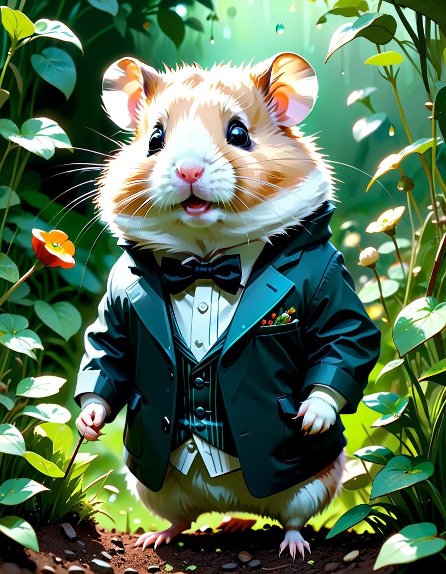 Adorable Hamster Professor in Garden, Digital Art