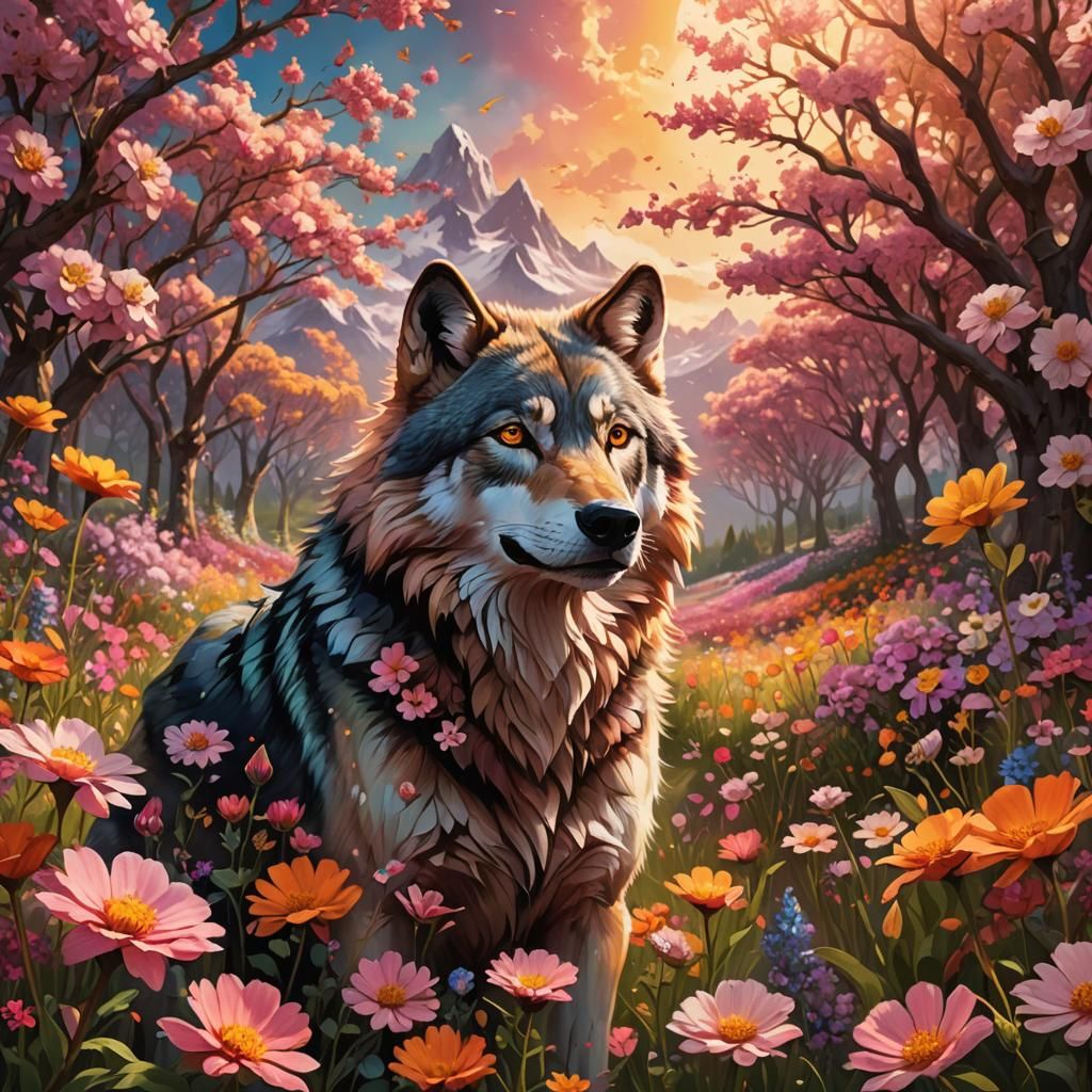 Wolf in Flower Field: Fantasy Concept Art