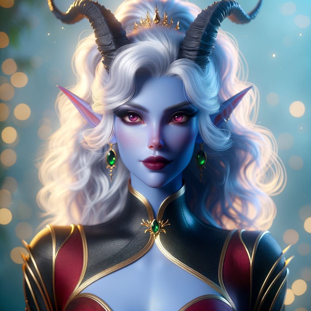 Mystical Blue-Skinned Woman Portrait with White Hair