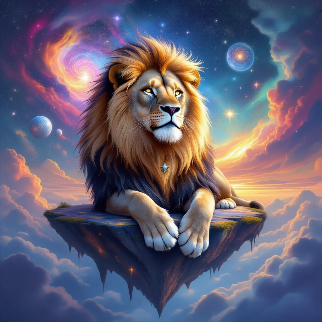 Cosmic Lion on Floating Island in Surreal Style