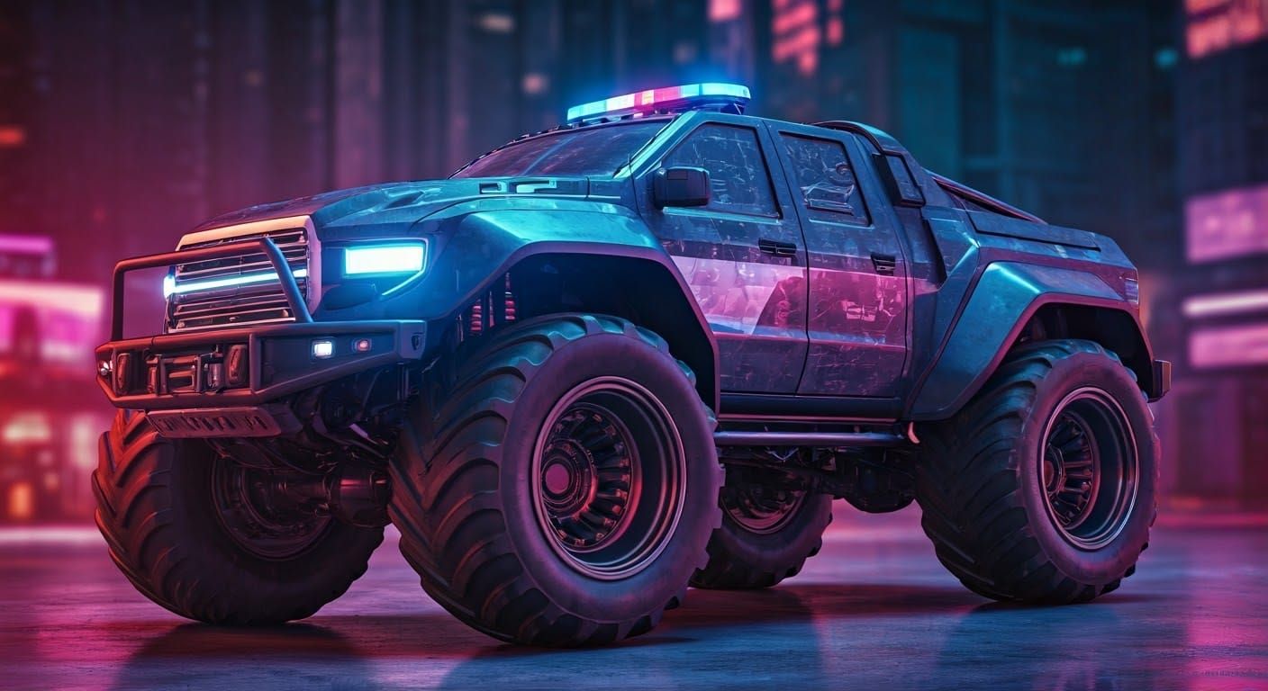 Cyberpunk Police Monster Truck Rides Through a Neon Cityscap...