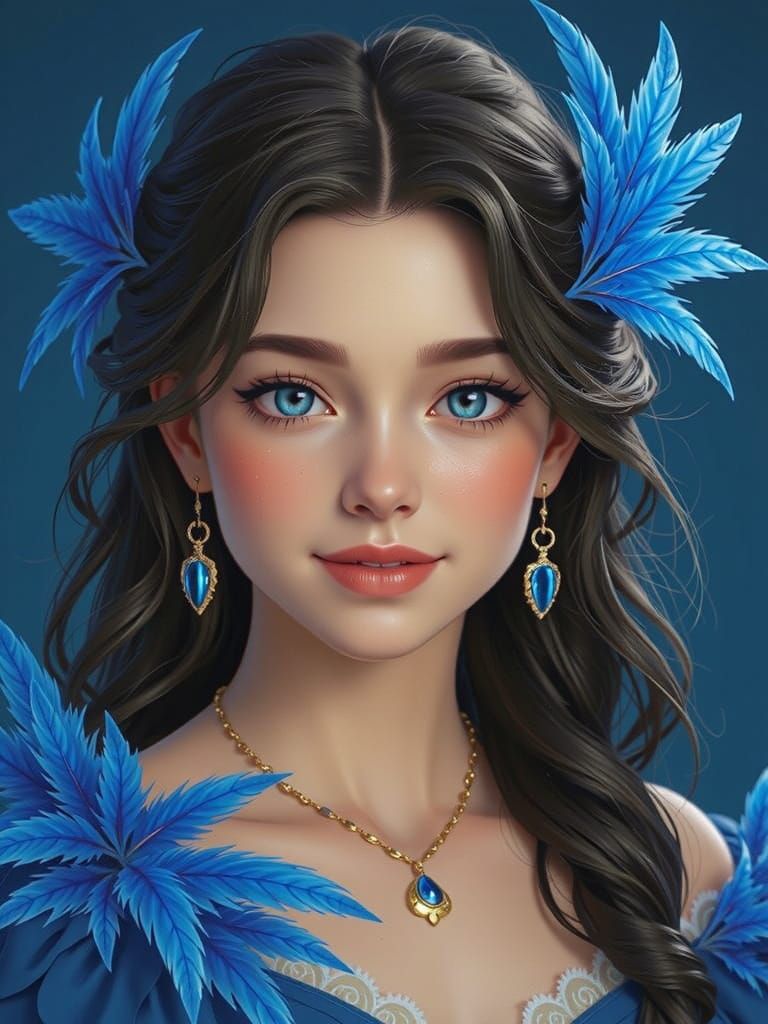 Photorealistic Portrait of Woman with Blue Feathers