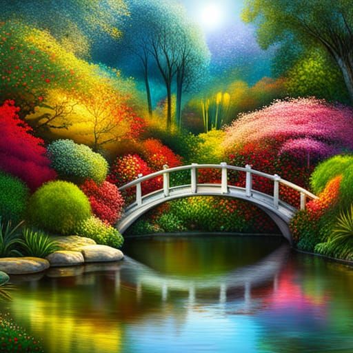 Hyperrealistic Fairy Garden with Pond and Bridge
