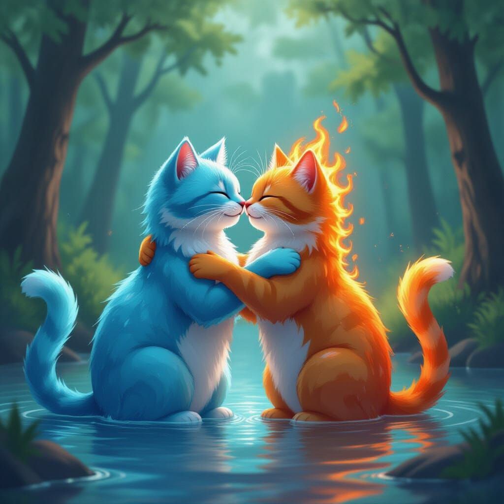 Water Cat and Fire Cat Hug in Forest