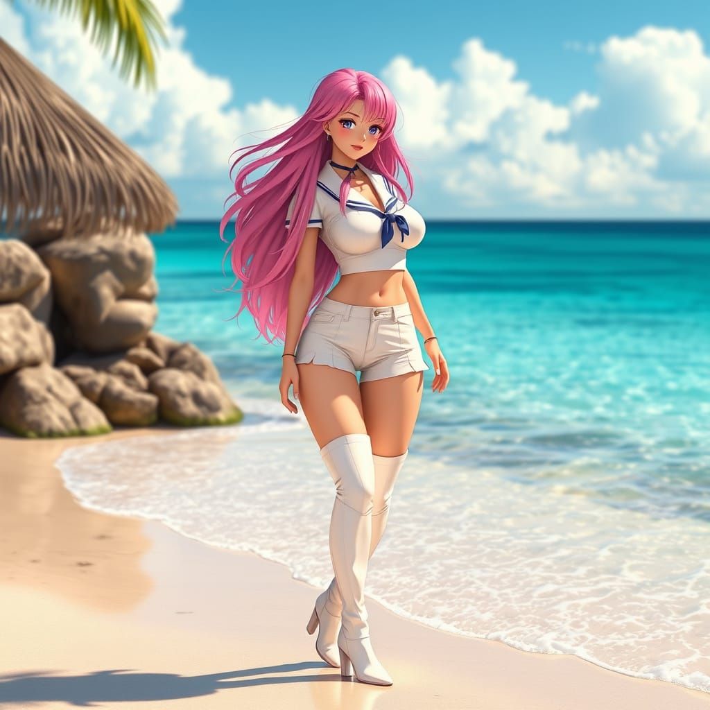 Anime Pin-Up Girl on Tropical Beach, 3D Art