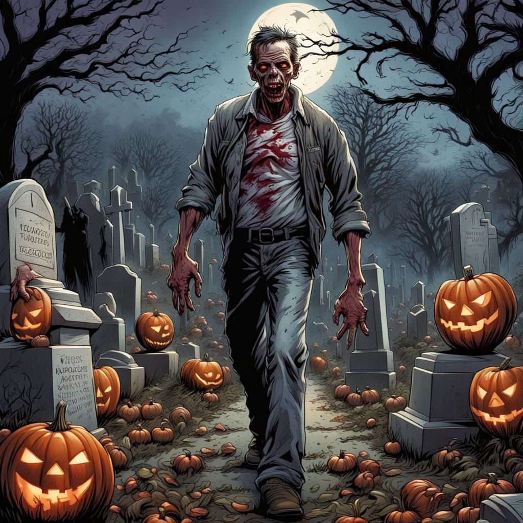 Hyperrealistic Halloween Zombie Cemetery in Comic Book Style