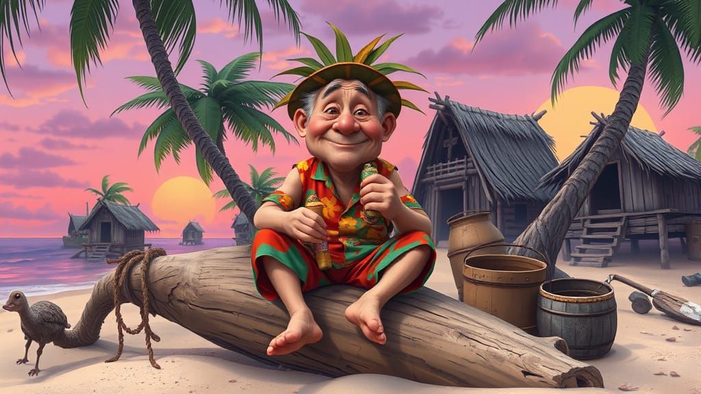 Playful Elder on Tropical Island at Sunset