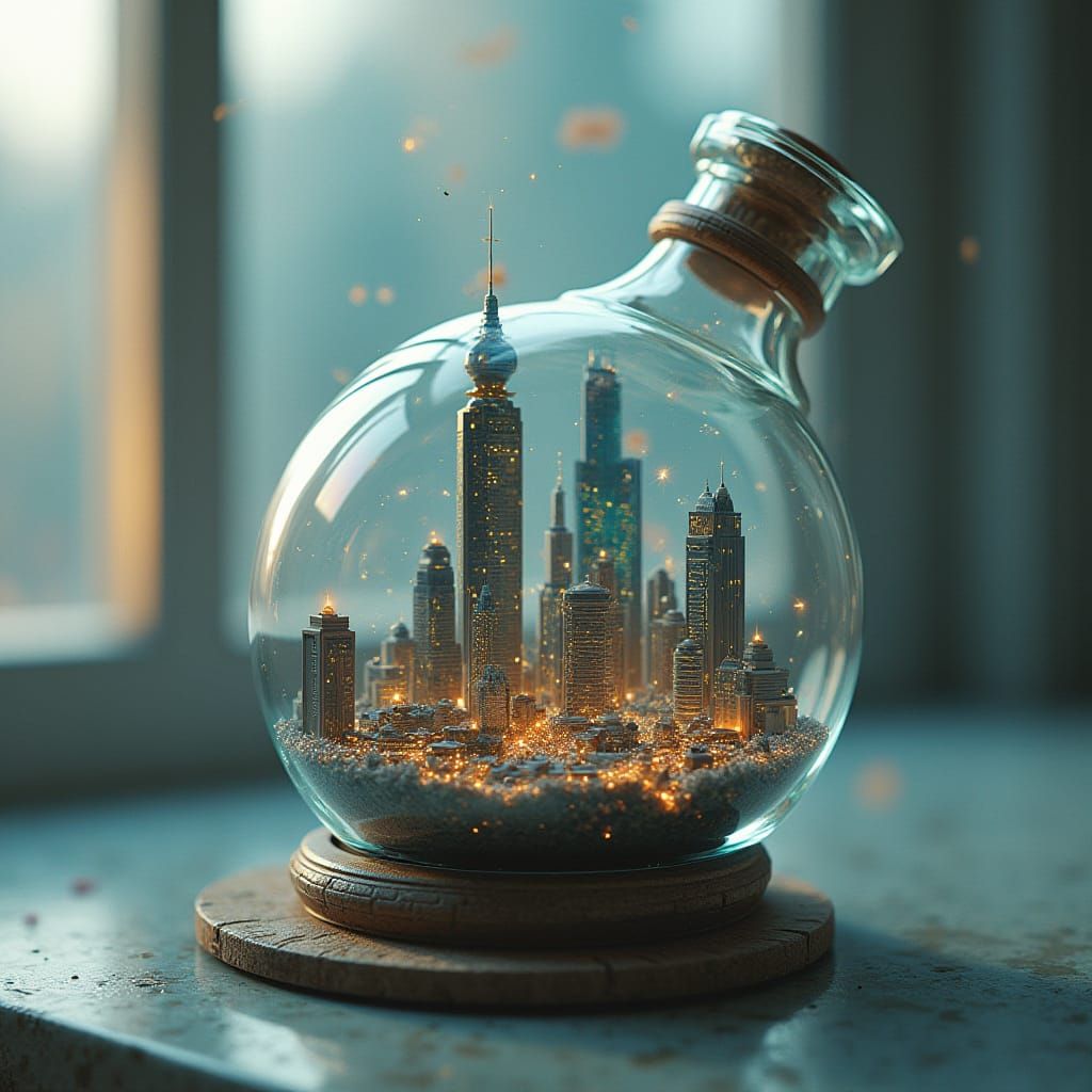 Miniature Futuristic Metropolis in a Glass Vessel