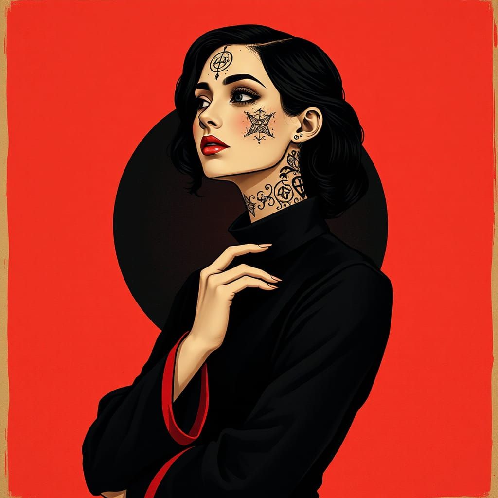 Tattooed Woman in Art Nouveau Lithography Style