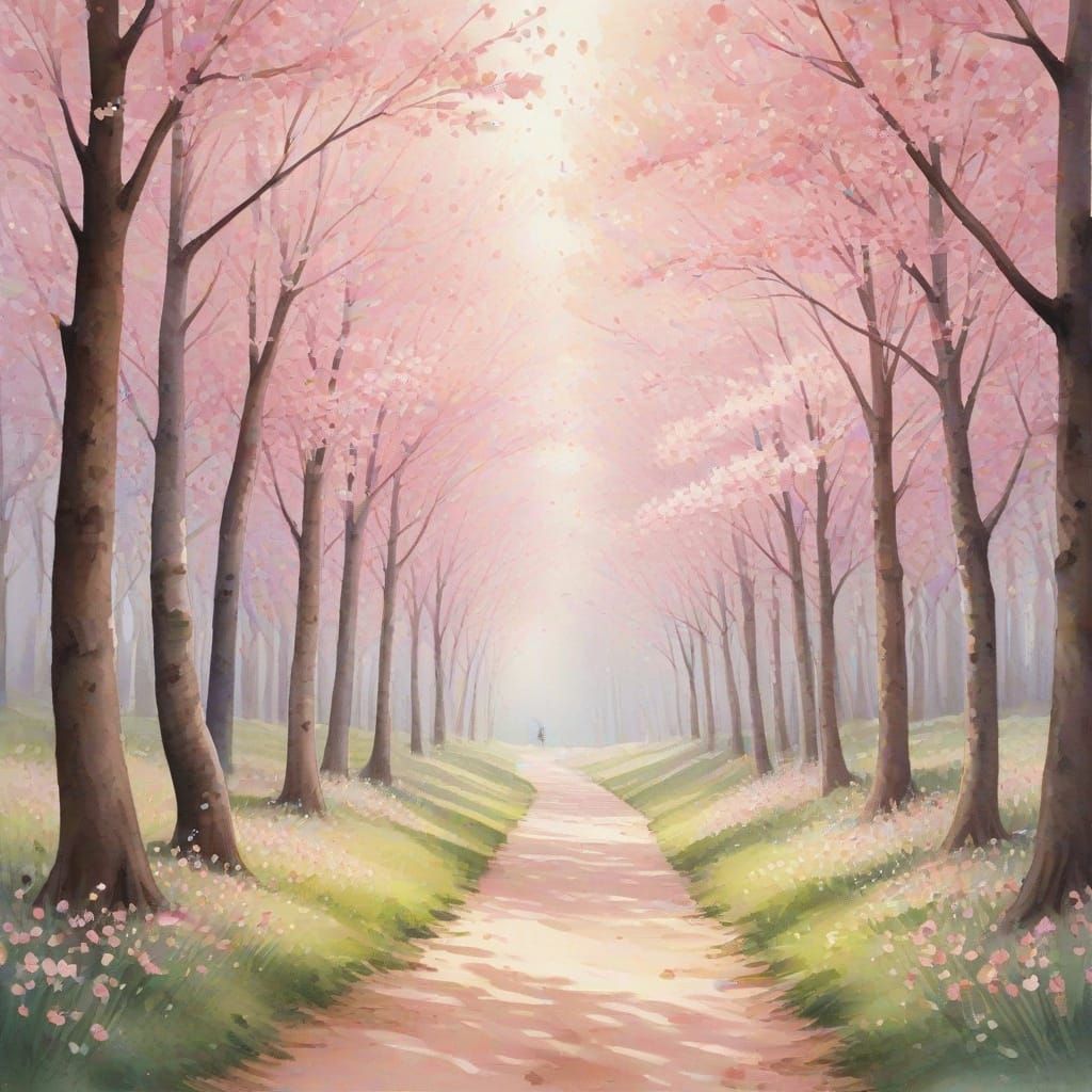 Whimsical Watercolor Cherry Blossom Scene