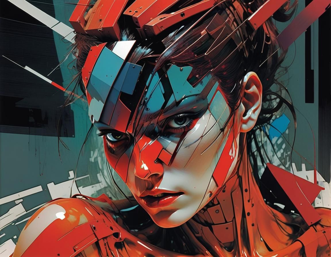 Glitch Art Cyborg Sculpture in Comic Book Style