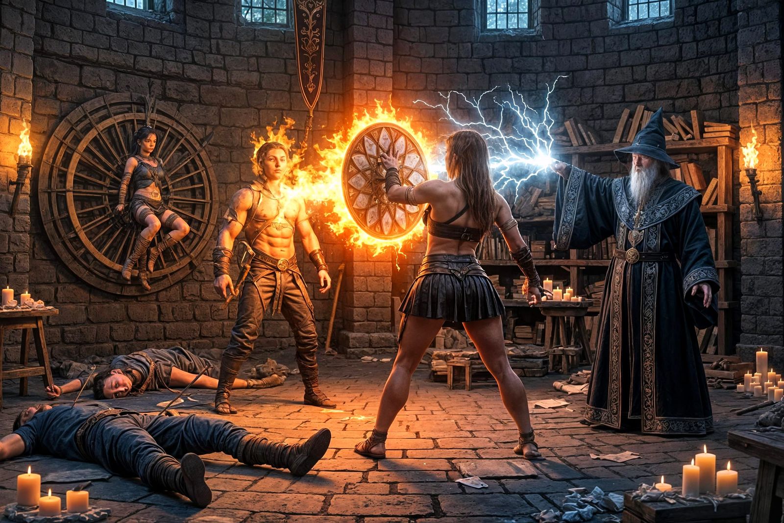 Fantasy Warrior Defends Against Wizard in Stone Chamber