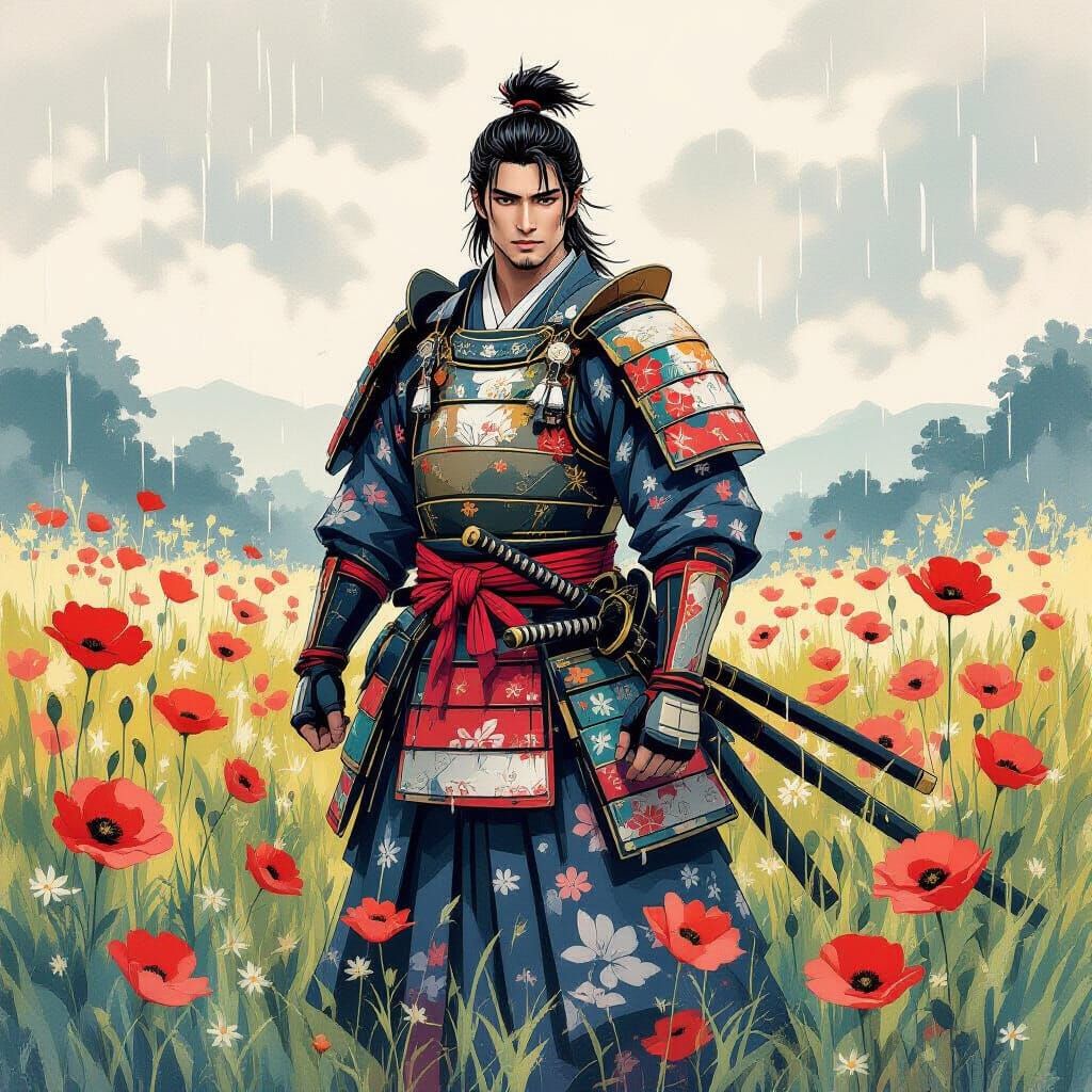 Gay Samurai in Poppy Field, Ukiyo-e Style