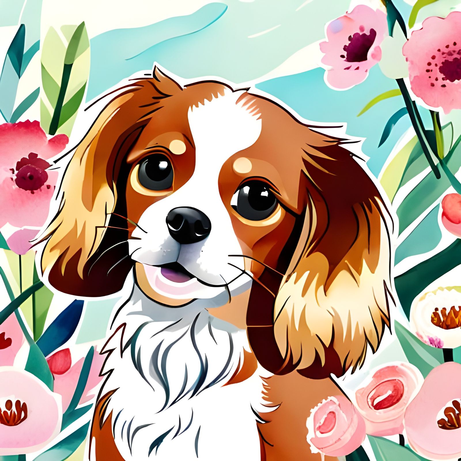 Cavalier King Charles Spaniel and Flowers