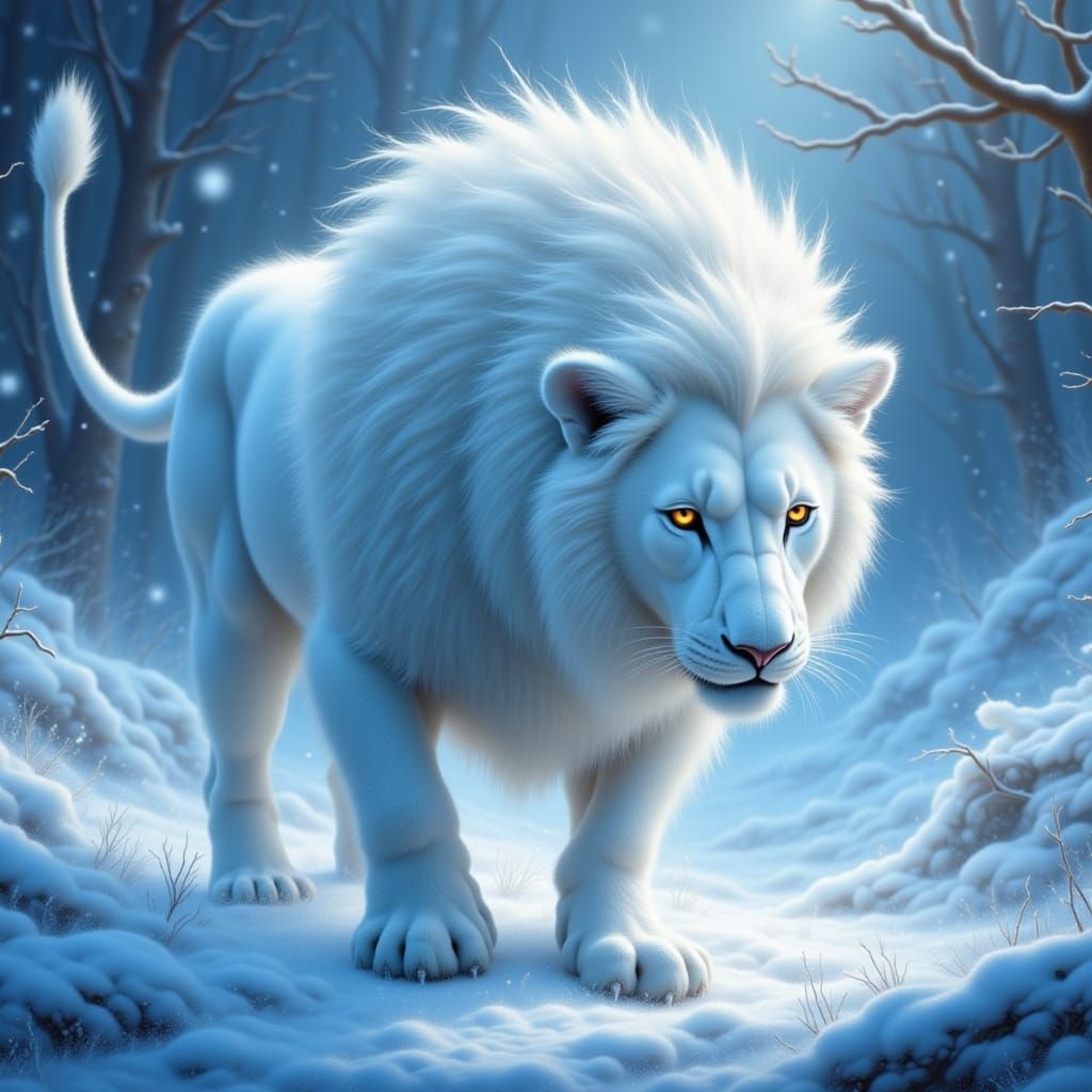 A white lion in the snow