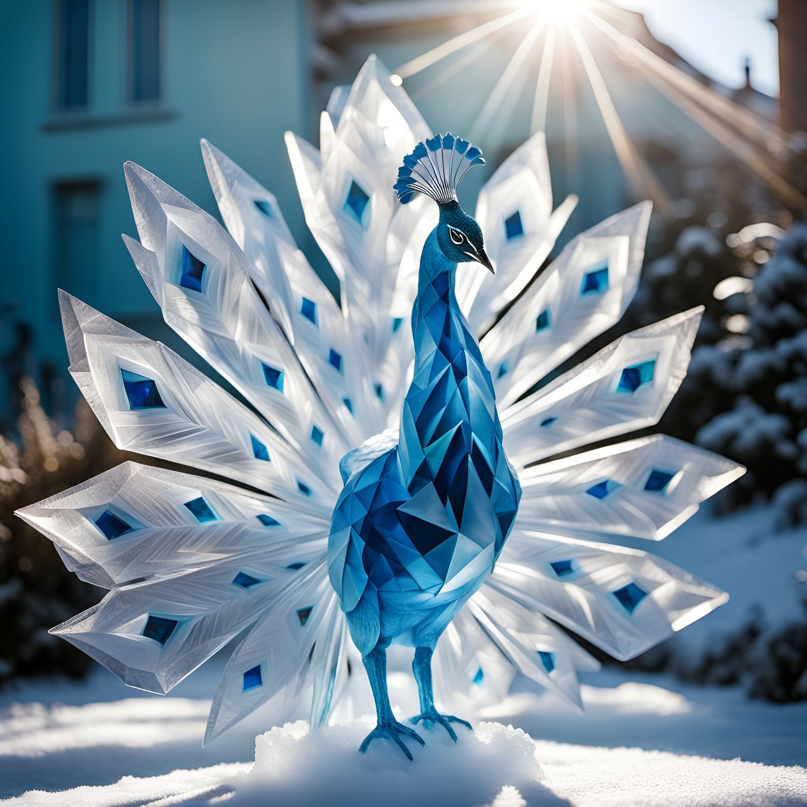 Sunlit Peacock Ice Sculpture in Origami Style