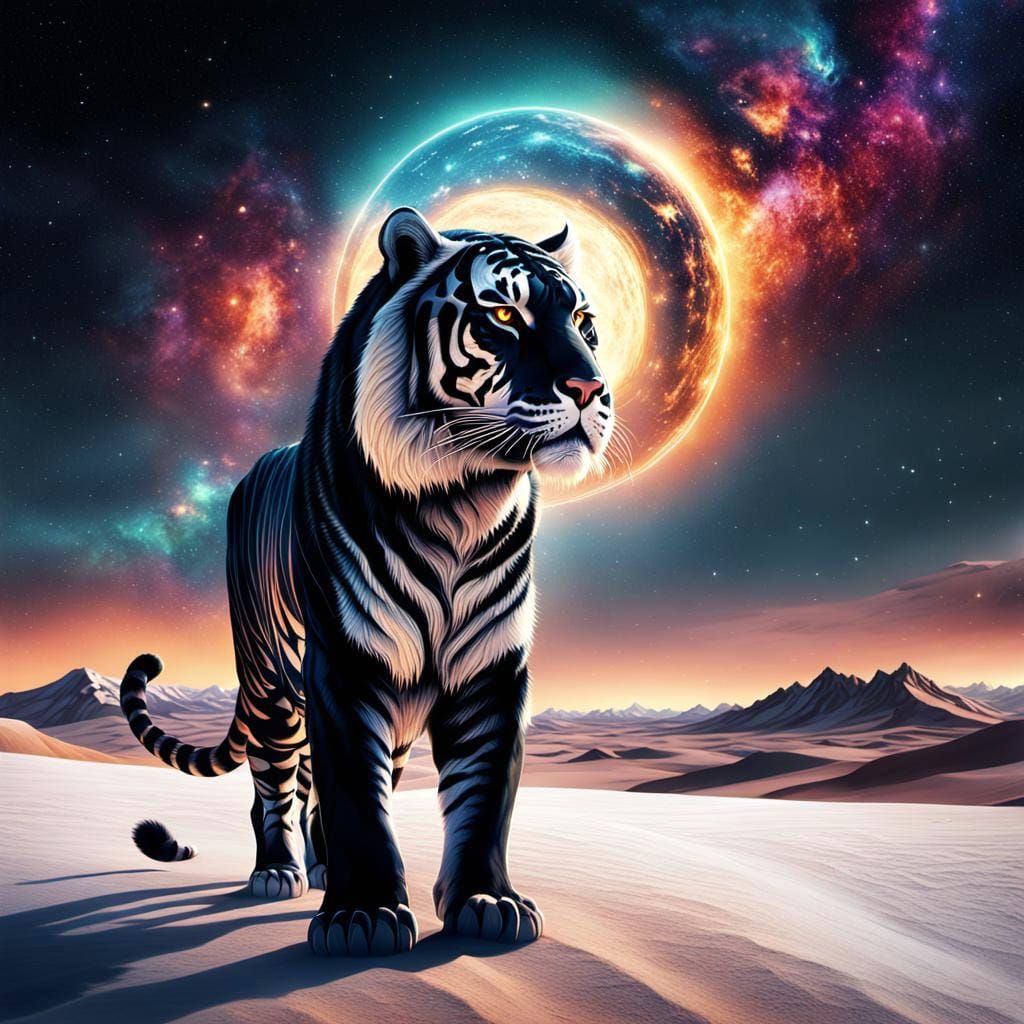 Black Tiger in Extraterrestrial Desert Landscape