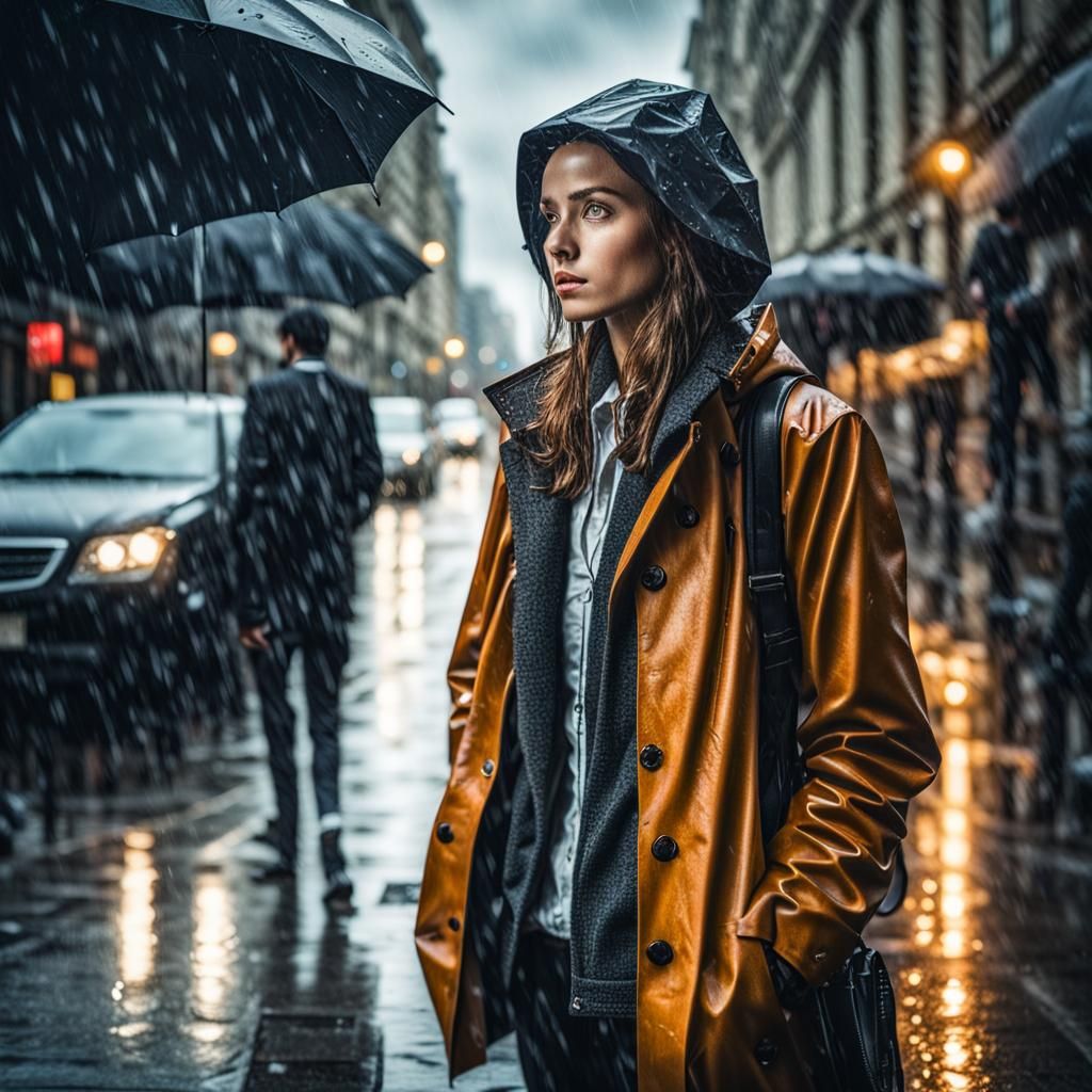 Young Woman in Rainy City Street Scene