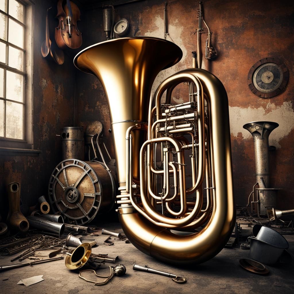 Steampunk Tuba Among Broken Instruments