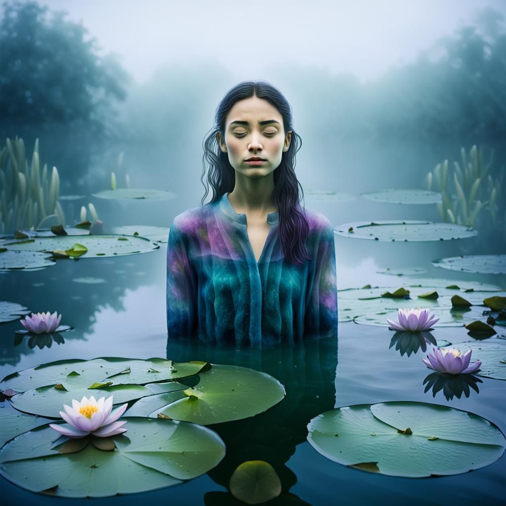 Dreamlike Woman in Lake, Surreal Oil Painting