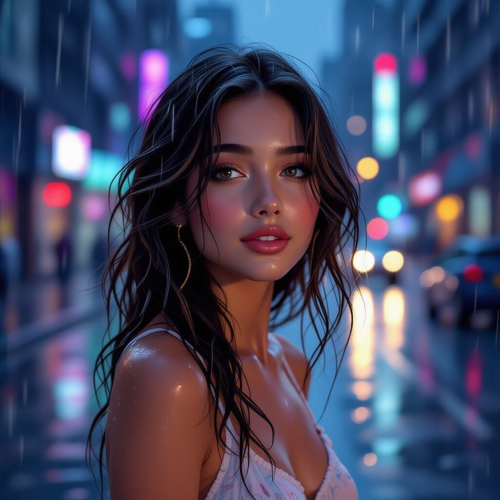 Girl in Rain: Hyperrealistic Artgerm and WLOP Style