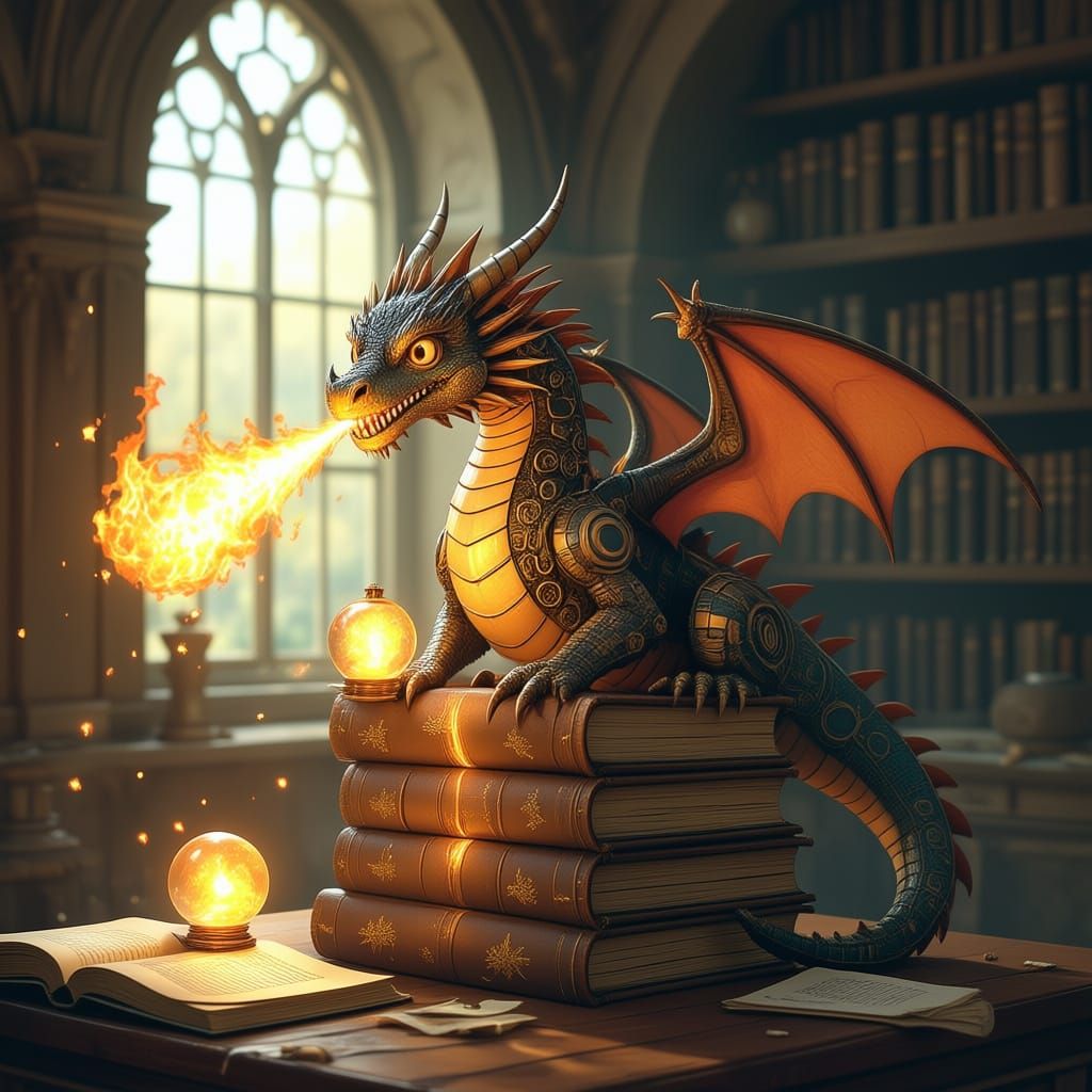 Clockwork Dragon on Books in Dusty Library