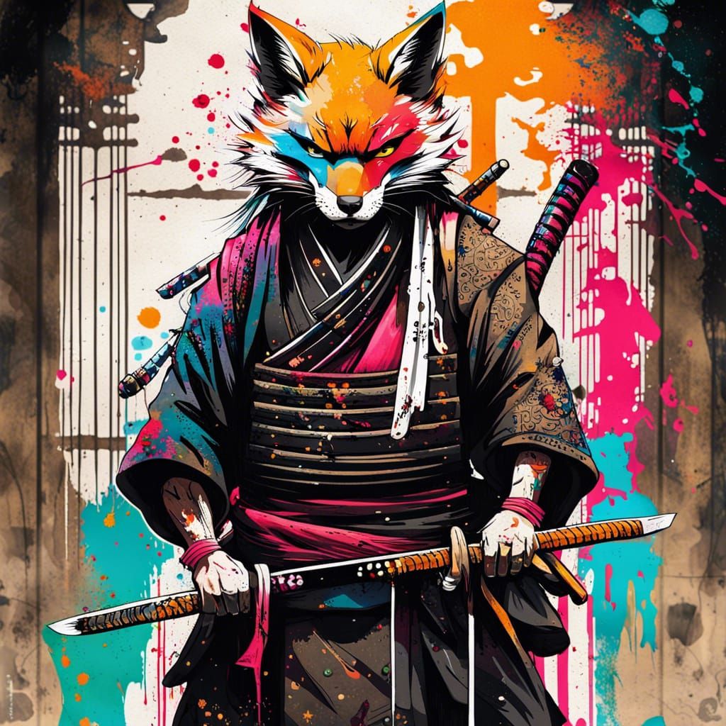 Samurai with Kitsune Mask in Grunge Graffiti Art