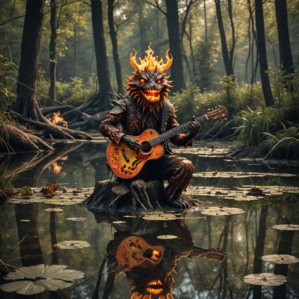 Hyperrealistic Fire Creature Plays Guitar in Pond