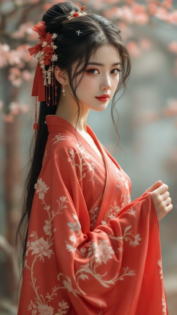 Elegant Woman in Red Hanfu, Art Nouveau Style