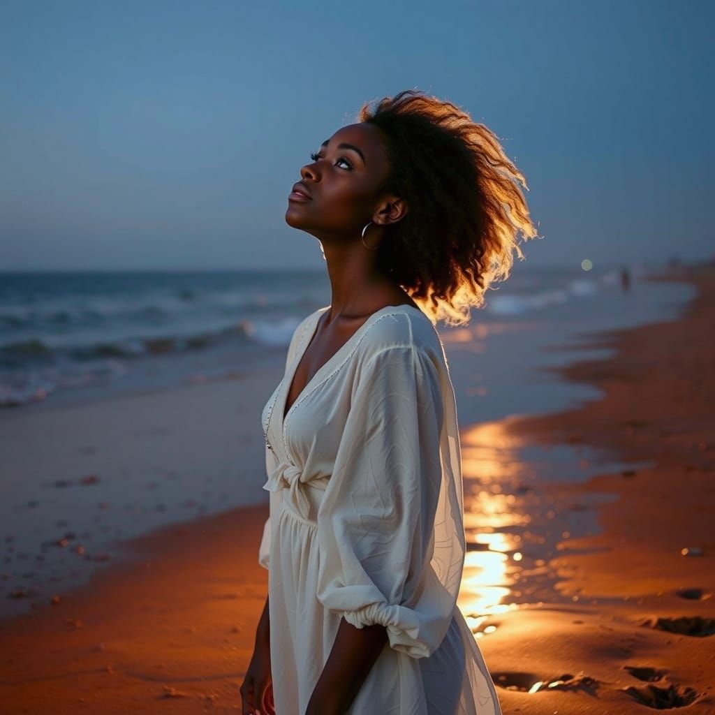 Graceful Black Woman on Beach at Dusk