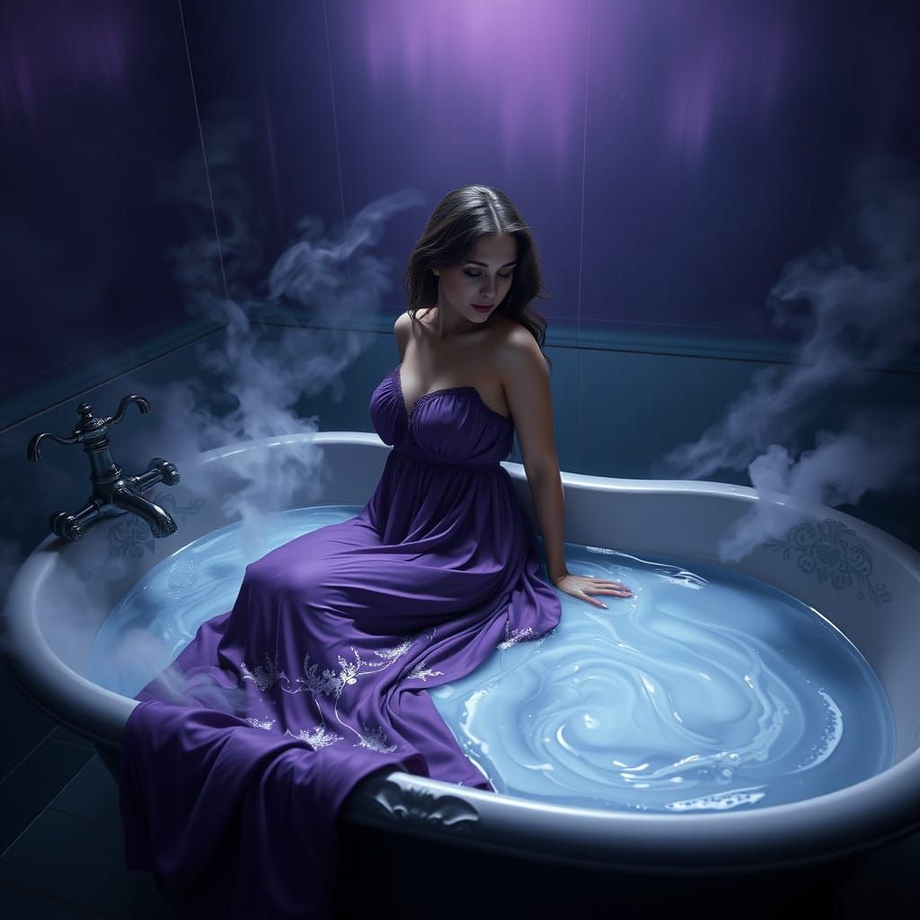 Woman in Ethereal Bathtub, Aurora Borealis Glow