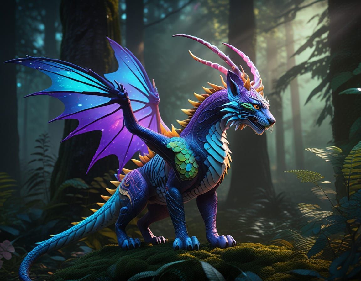 Mystical Fairy Dragon Tiger in a Whimsical Forest Scene